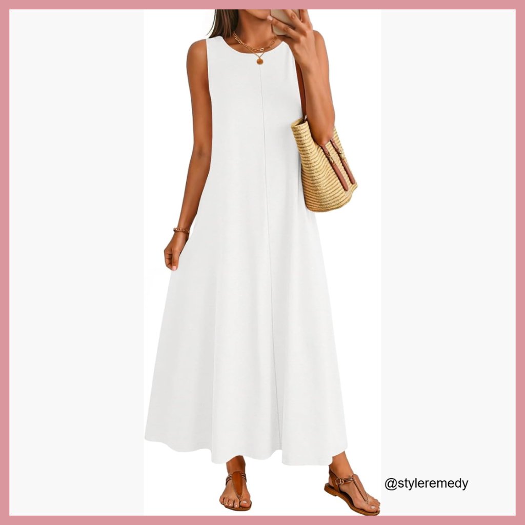 Cotton Blend Maxi Dress Sleeveless Crewneck Casual Loose Beach Sundress